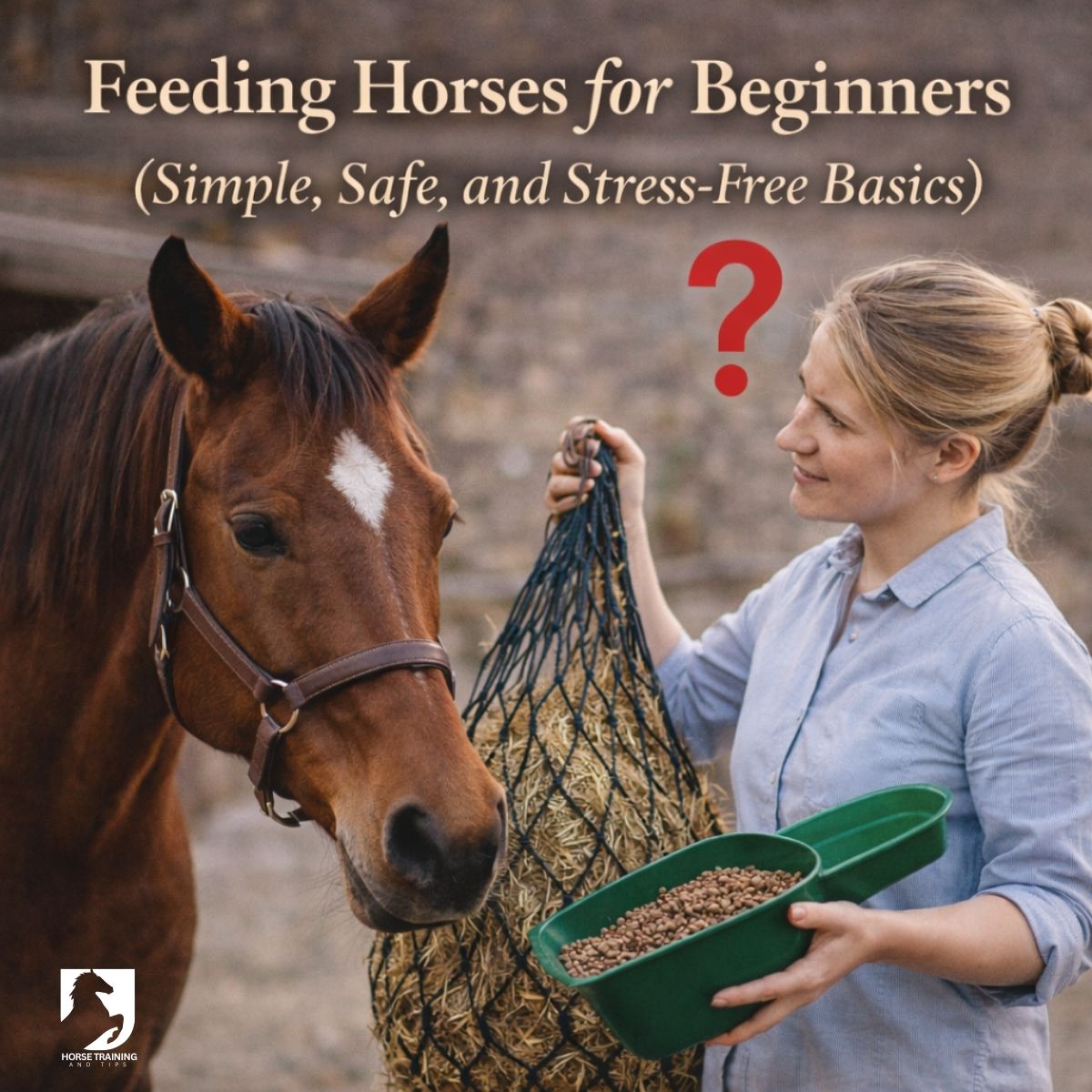 beginner feeding a horse with haynet and feed scoop unsure what to give