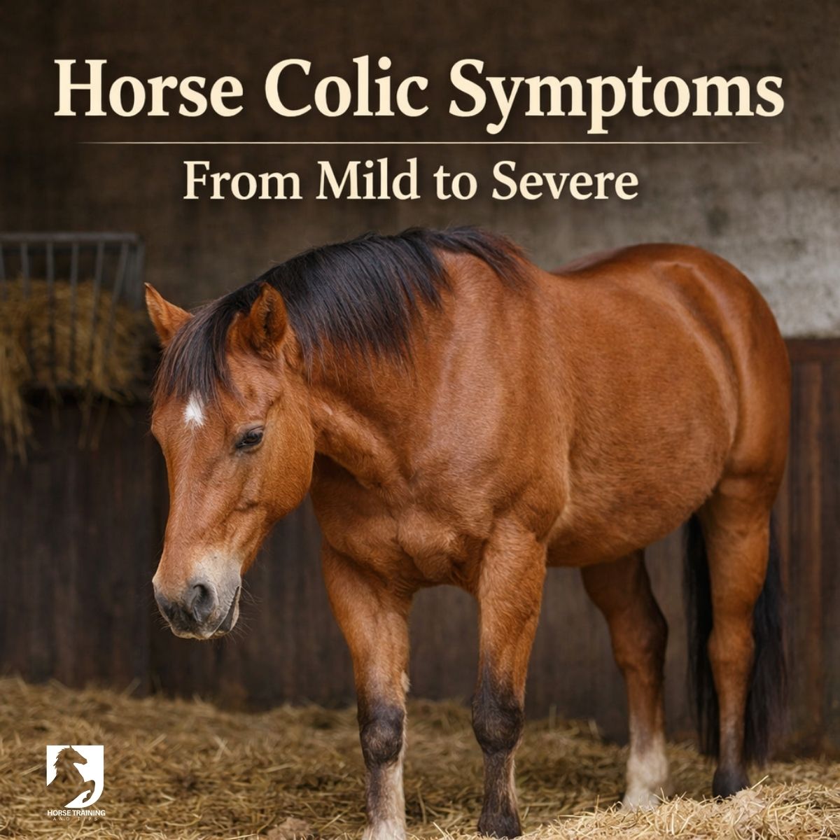 Horse showing mild colic symptoms standing quietly in a stable