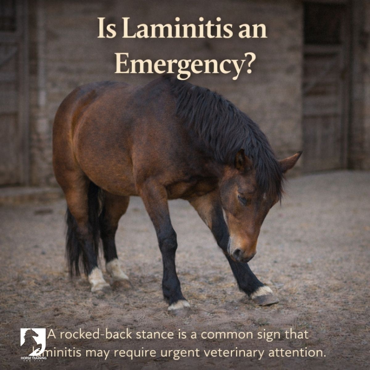 Horse standing with front feet stretched forward showing a classic laminitis stance