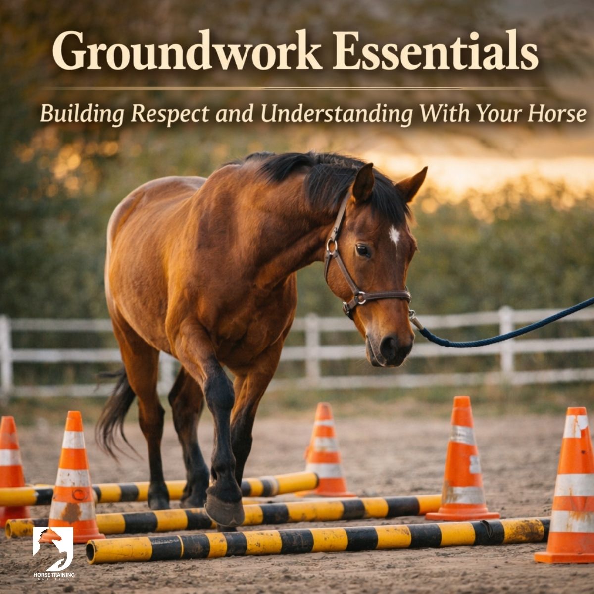 horse doing groundwork roadwork exercises with cones and poles