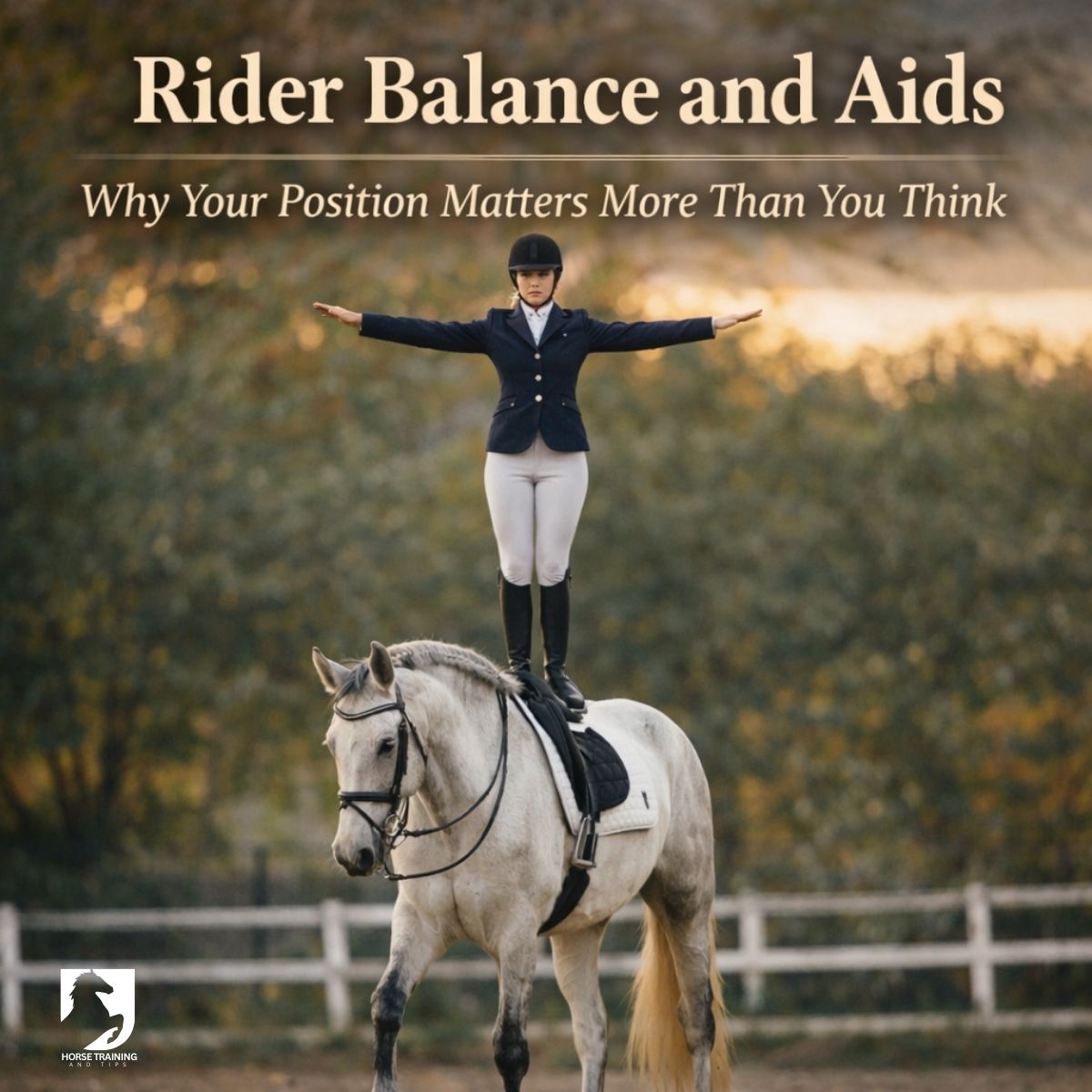 rider demonstrating balance by standing on a horse during training