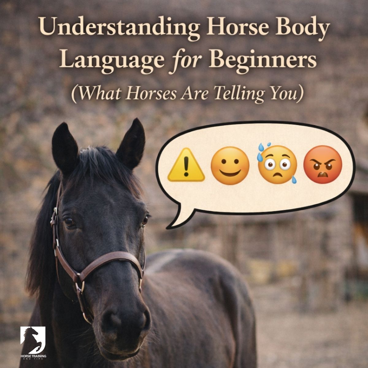 black horse with speech bubble showing horse body language emotions
