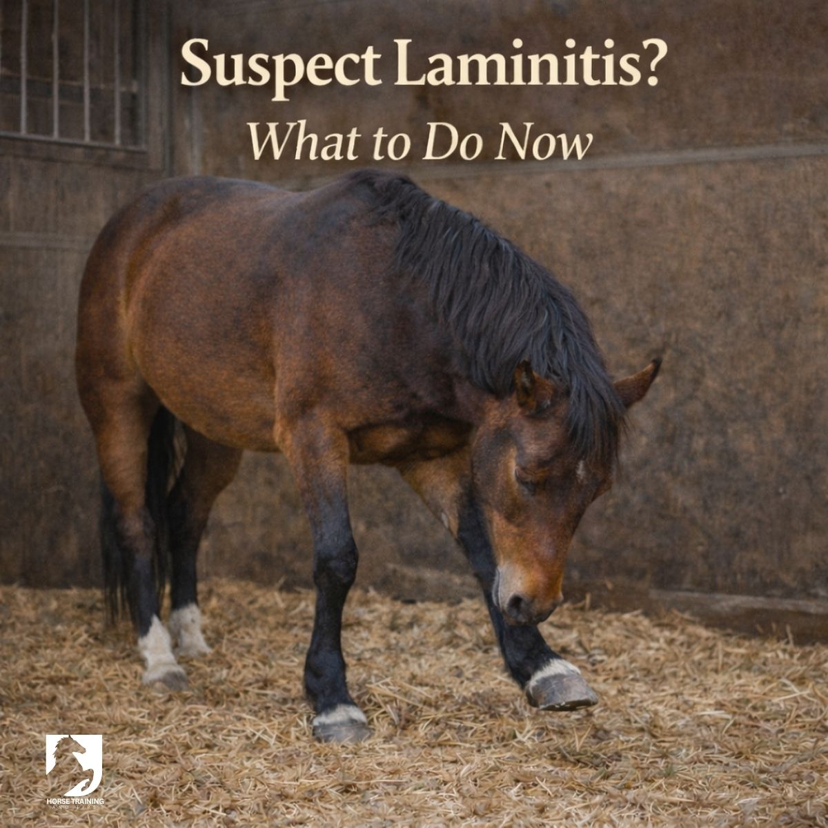 Horse standing cautiously in stable showing possible laminitis while owner checks feet