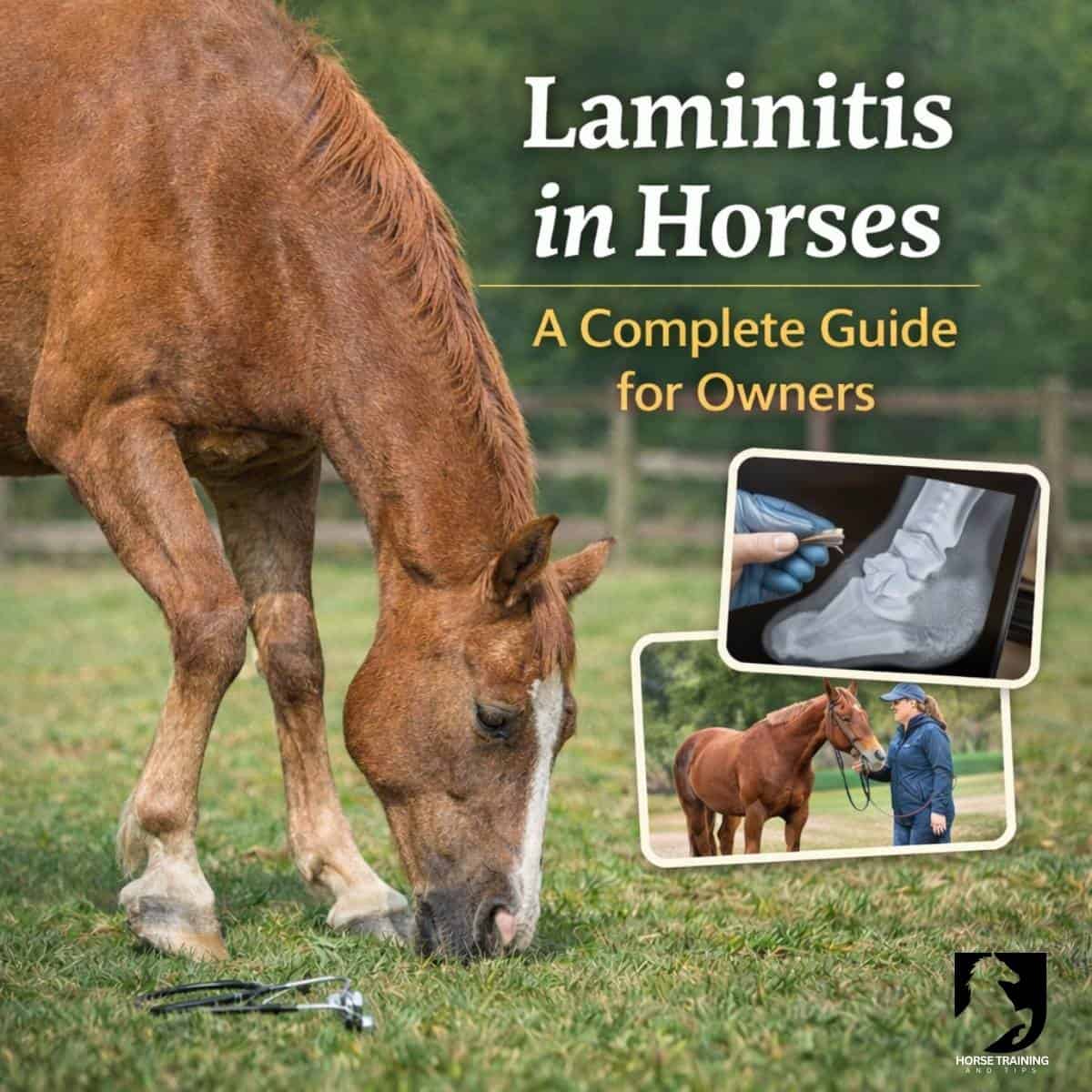 Horse standing and grazing in a field with visible laminitis posture, illustrating a complete guide to laminitis in horses.